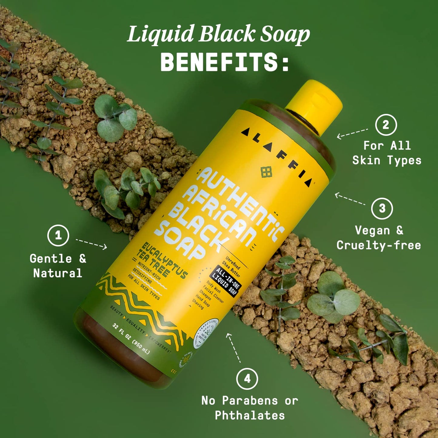 Alaffia Authentic African Black Soap, Eucalyptus Tea Tree – All-in-One Cleanser 2-Pack for Face, Body, Hands & Hair