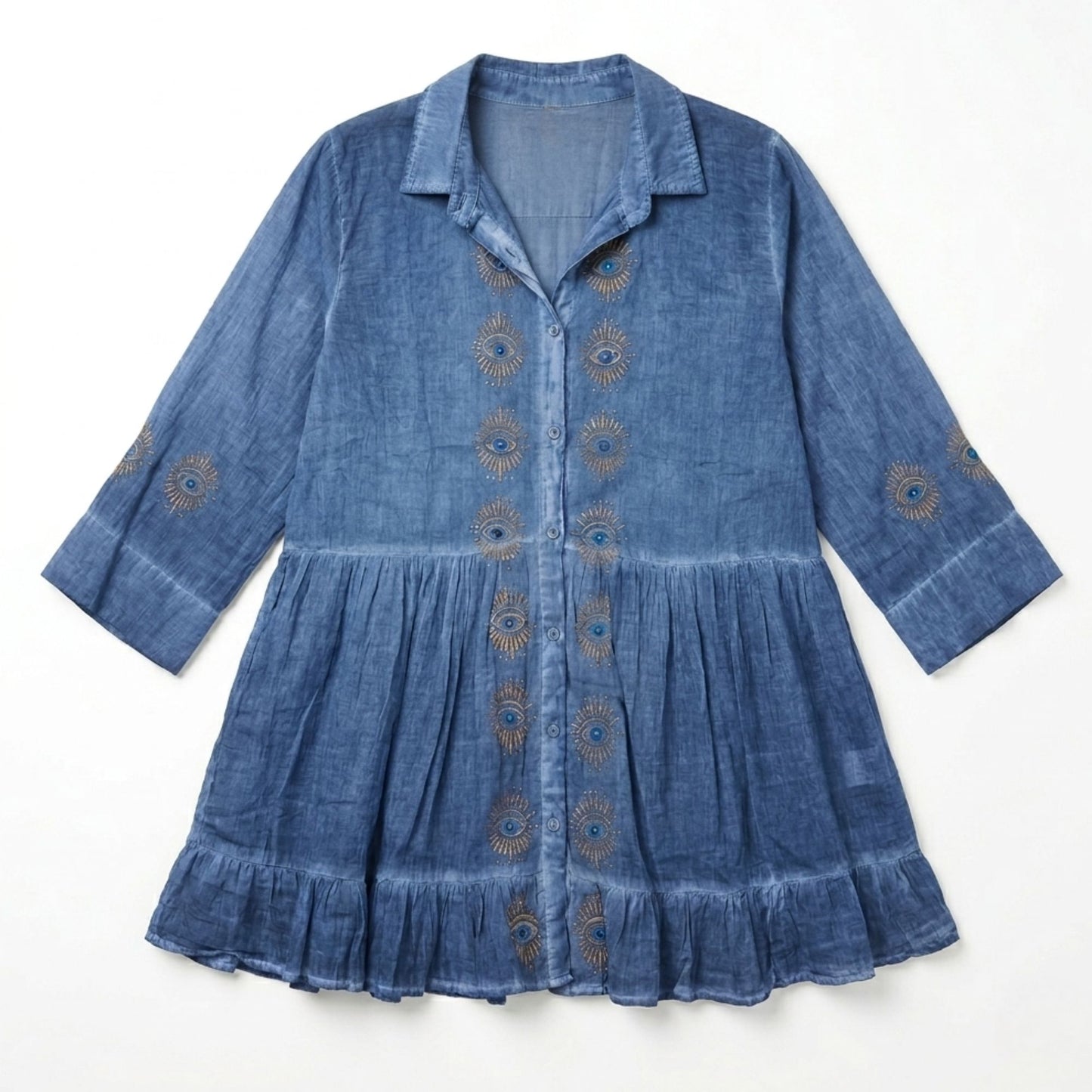 Nomad Sari On the Med Collection - Tunic Dress - Dusky Blue with Evil Eye Block Print (M-L)
