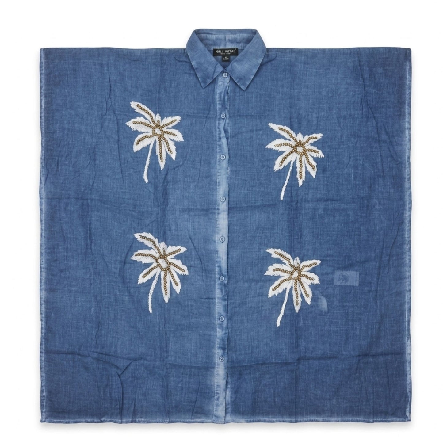 Nomad Sari On the Med Collection - Kaftan - Blue with Gold & White Palm Tree Decor