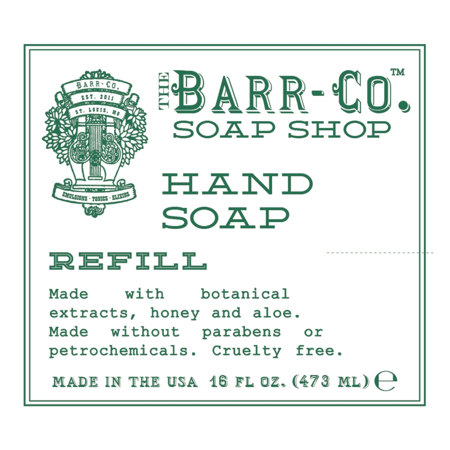 BARR-CO Honey Mint Hand Soap Refill – Natural, Moisturizing Vegan Formula, 16 fl oz