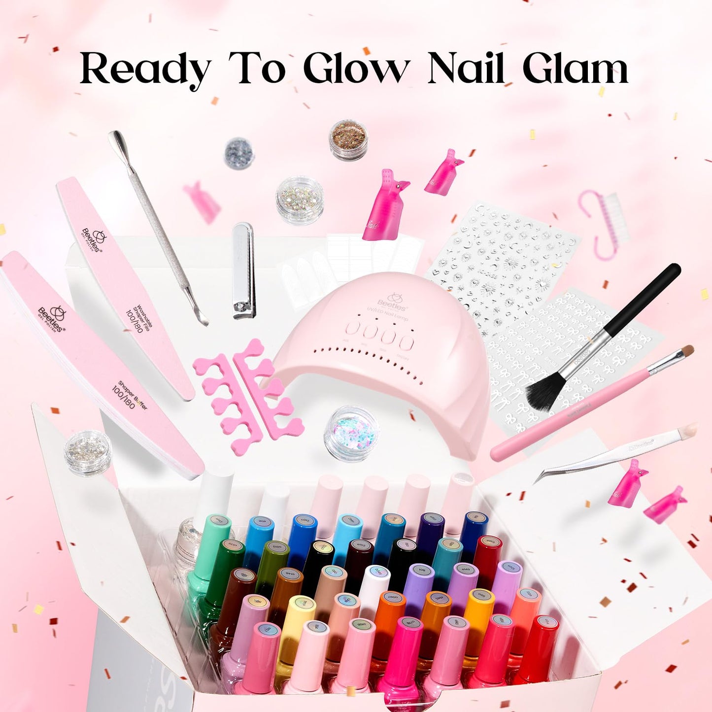 Beetles Gel Nail Polish Kit with UV Light – 68-Piece Mood Mosaic Set, 35 Colors, Base/Top/Matte/Glitter, LED Lamp & Tools