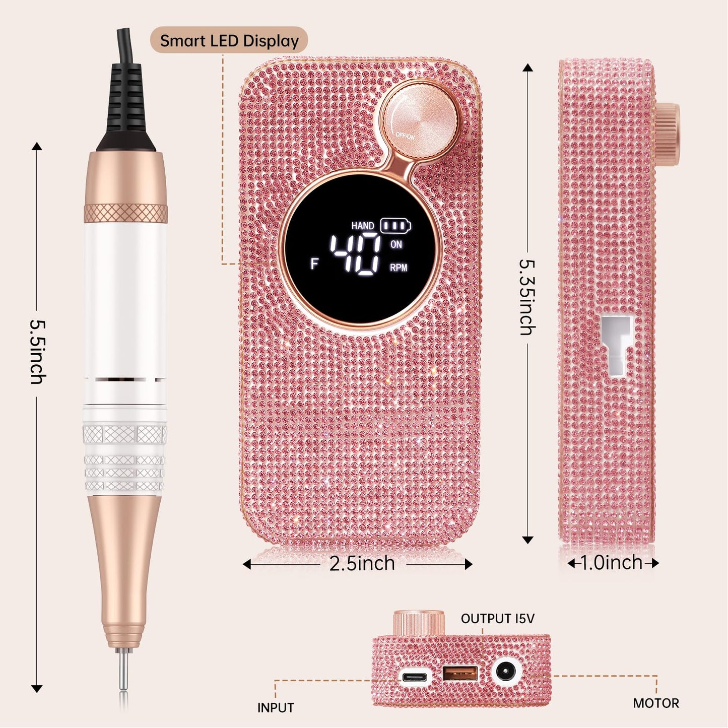 CHRISTINE SHELLY Electric Nail Drill 40000RPM – Cordless Nail File Kit with 12 Bits for Acrylic & Gel Polish (Pink Diamond)