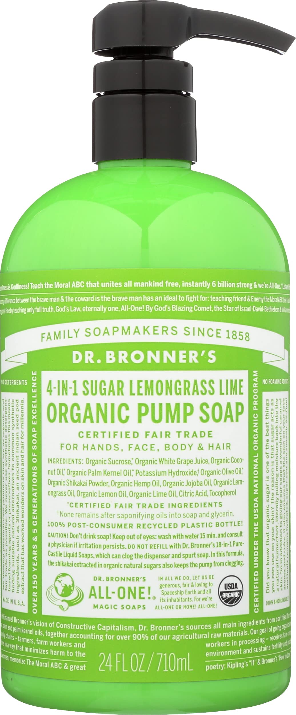 Dr. Bronner's Organic 4-in-1 Sugar Lemongrass Lime Pump Soap — Vegan, Non-GMO, 24 oz