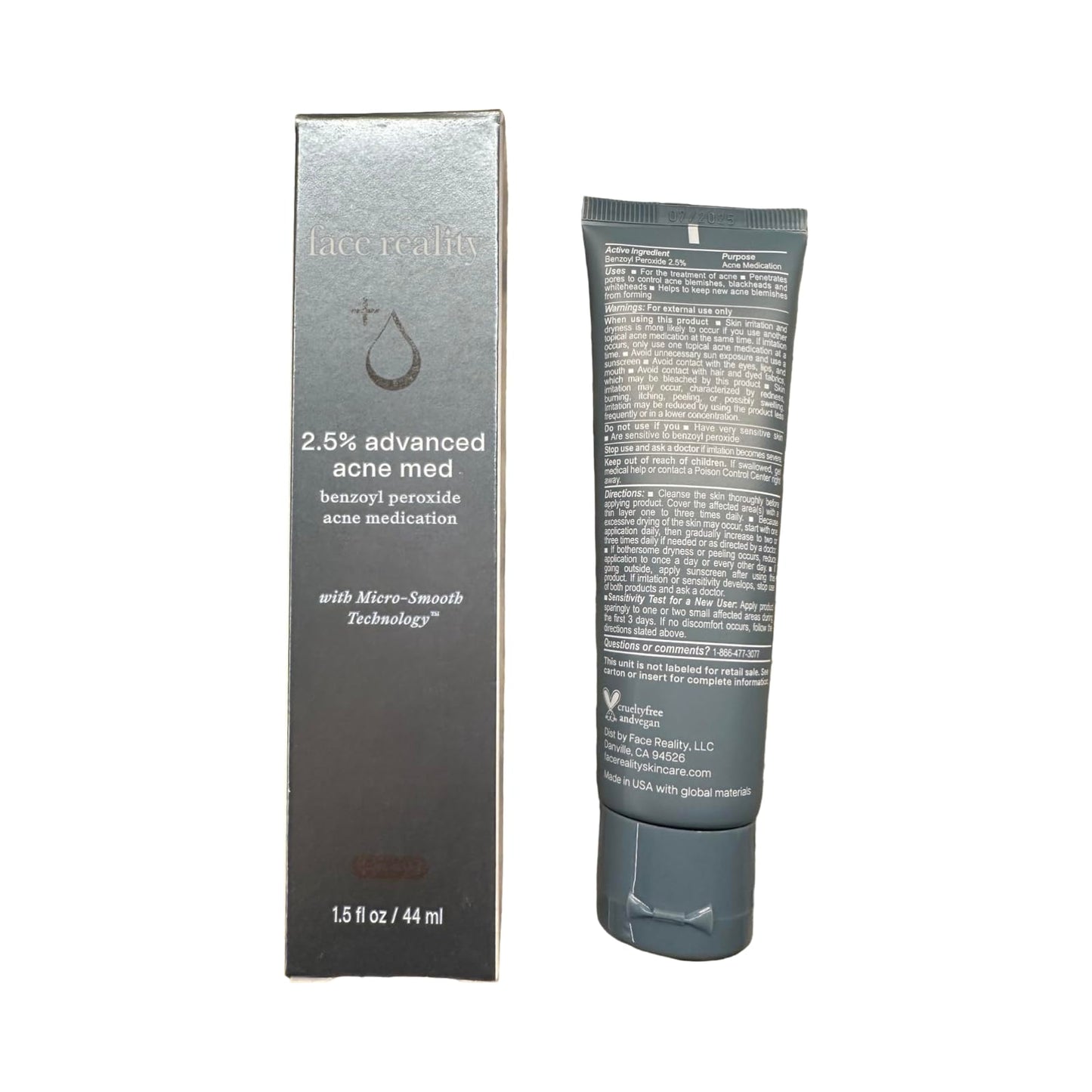 Face Reality Skincare 2.5% Acne Med – Benzoyl Peroxide Treatment for Normal to Oily Skin (Off White)