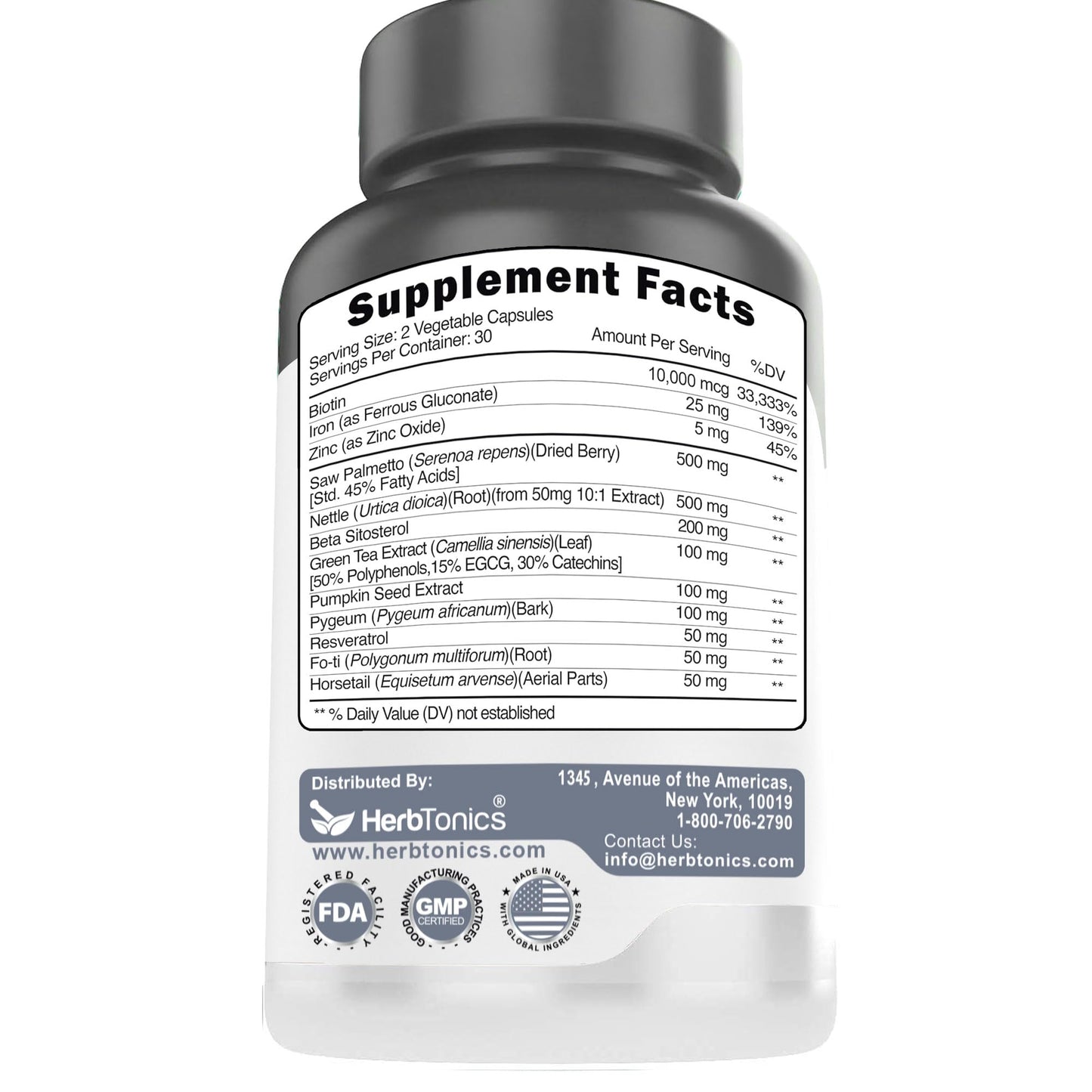 Herbtonics Hair Growth Vitamins | DHT Blocker with Saw Palmetto & 10000mcg Biotin – 60 Vegan Capsules