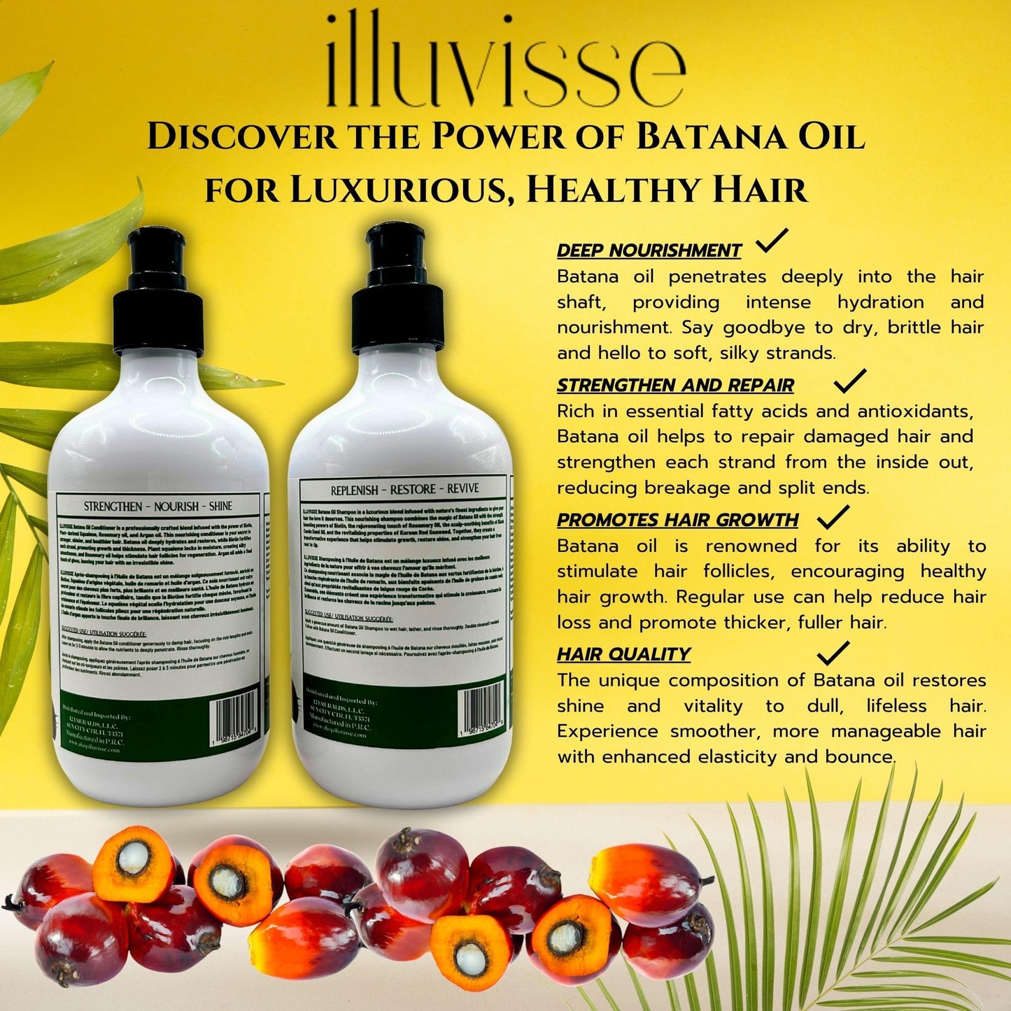 ILLUVISSE Batana Oil Shampoo & Conditioner Set – Rosemary, Tea Tree, Biotin for Hair Growth – 500 mL