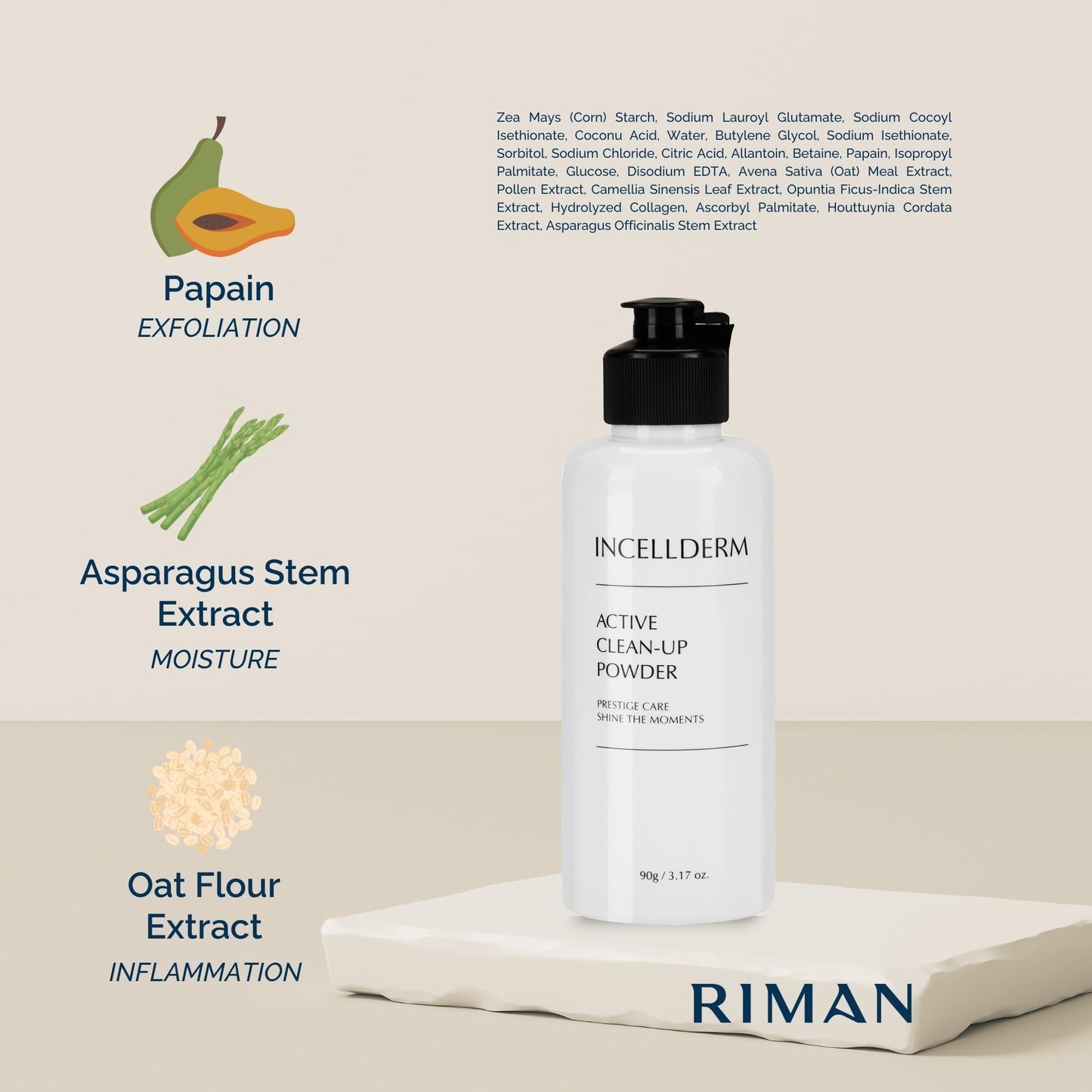 INCELLDERM Active Clean-Up Powder 90g | Water-Activated Papain Cleanser