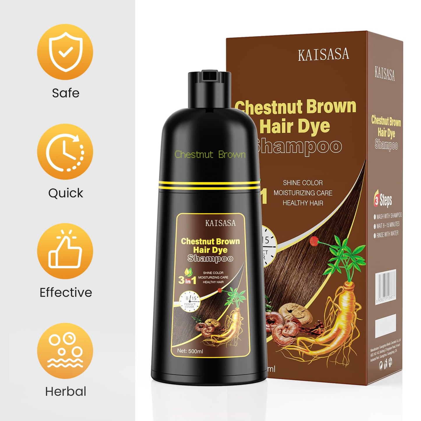 KAISASA Hair Dye Shampoo 3-in-1 for Gray Coverage – Herbal Color Shampoo, 500ml