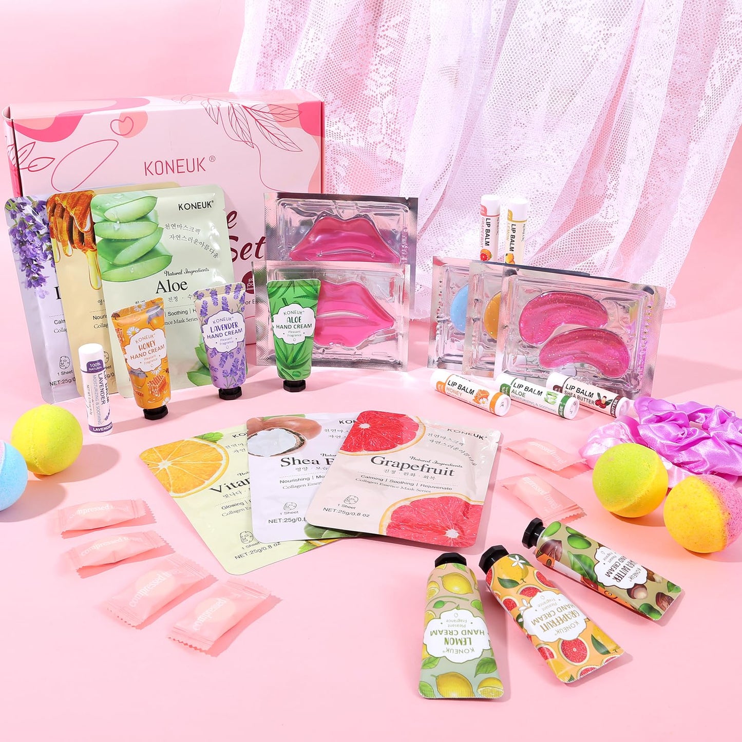 KONEUK 60-Pcs Spa Party Supplies for Girls – Masks, Creams & Lip Care for Sleepovers