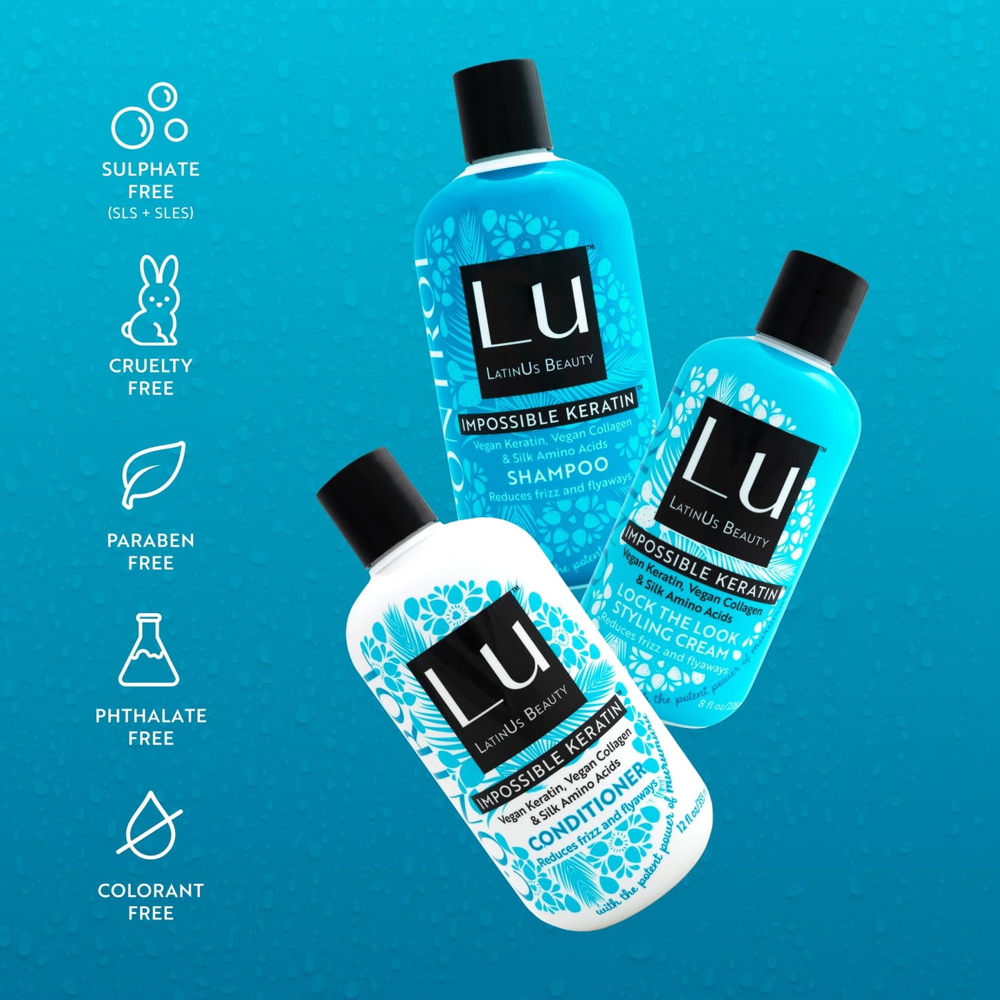 Lu by LatinUs Beauty Anti-Frizz Tame & Sleek Hair Set - Shampoo, Conditioner & Styling Cream (32 oz)