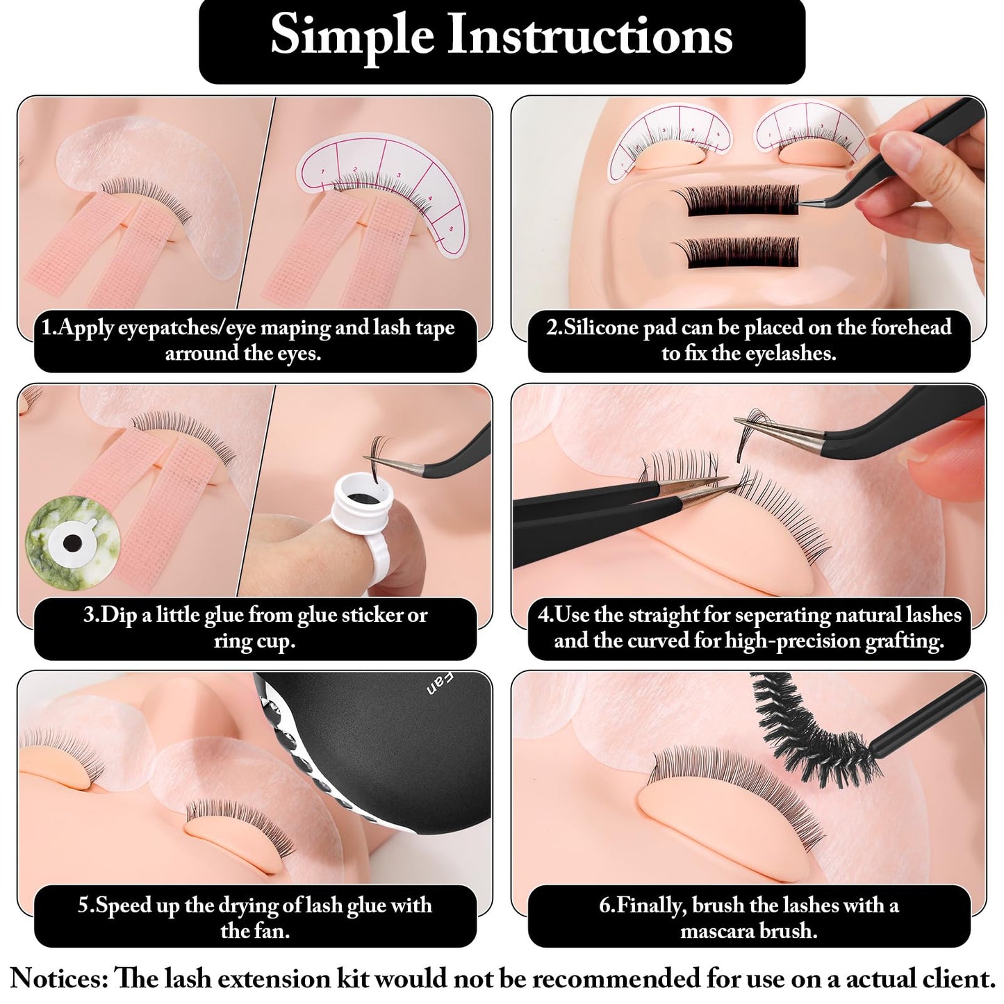Lucomb Eyelash Extension Kit for Beginners – 345-Piece Practice Set with Mannequin Head