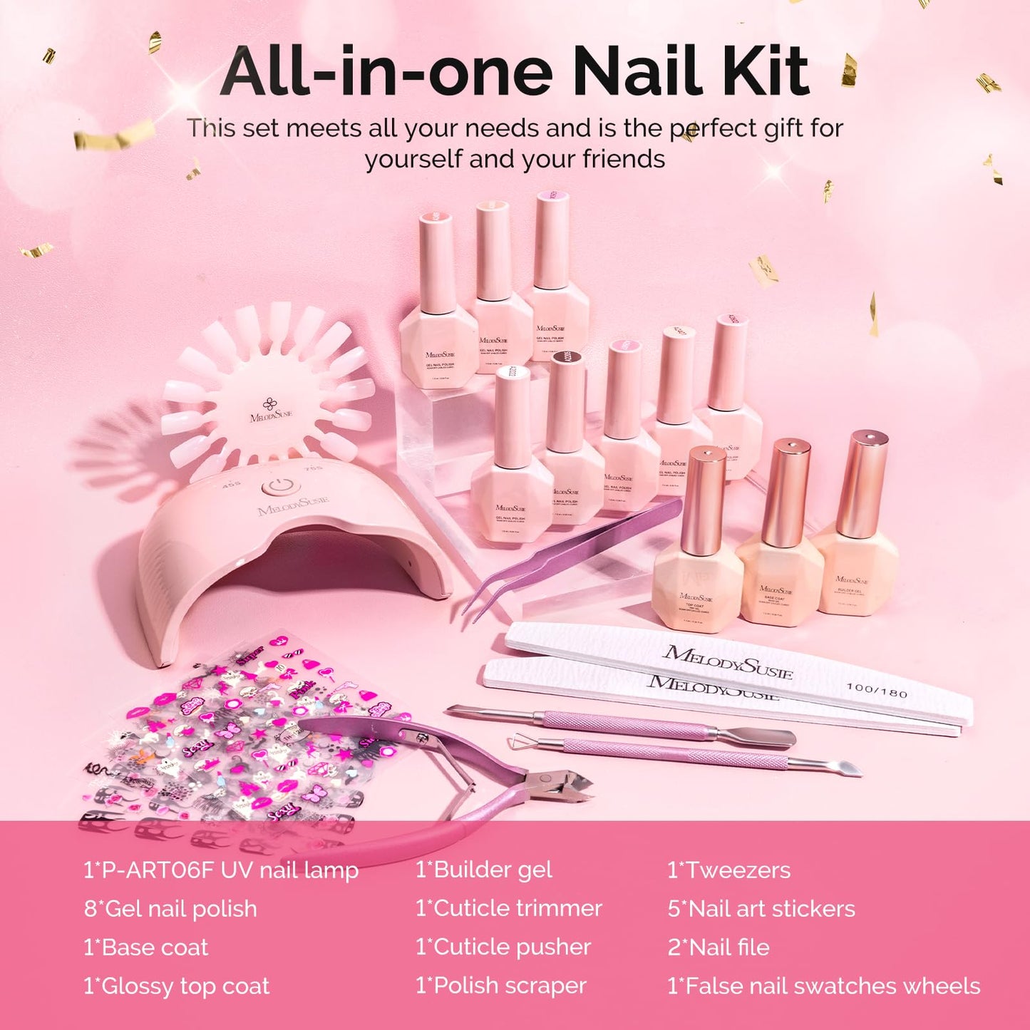 MelodySusie Gel Nail Polish Kit with UV Light P-ART06F – 8 Color Gel, Builder Gel, Base & Top Coat