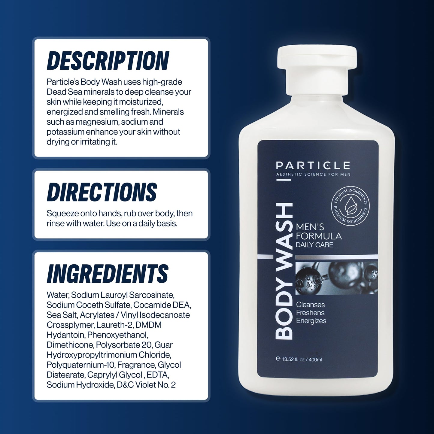 Particle Men’s Body Wash with Dead Sea Minerals – Hydrating Shower Gel for All Skin Types, Fresh Citrus & Woody Scent, 13.52 FL OZ
