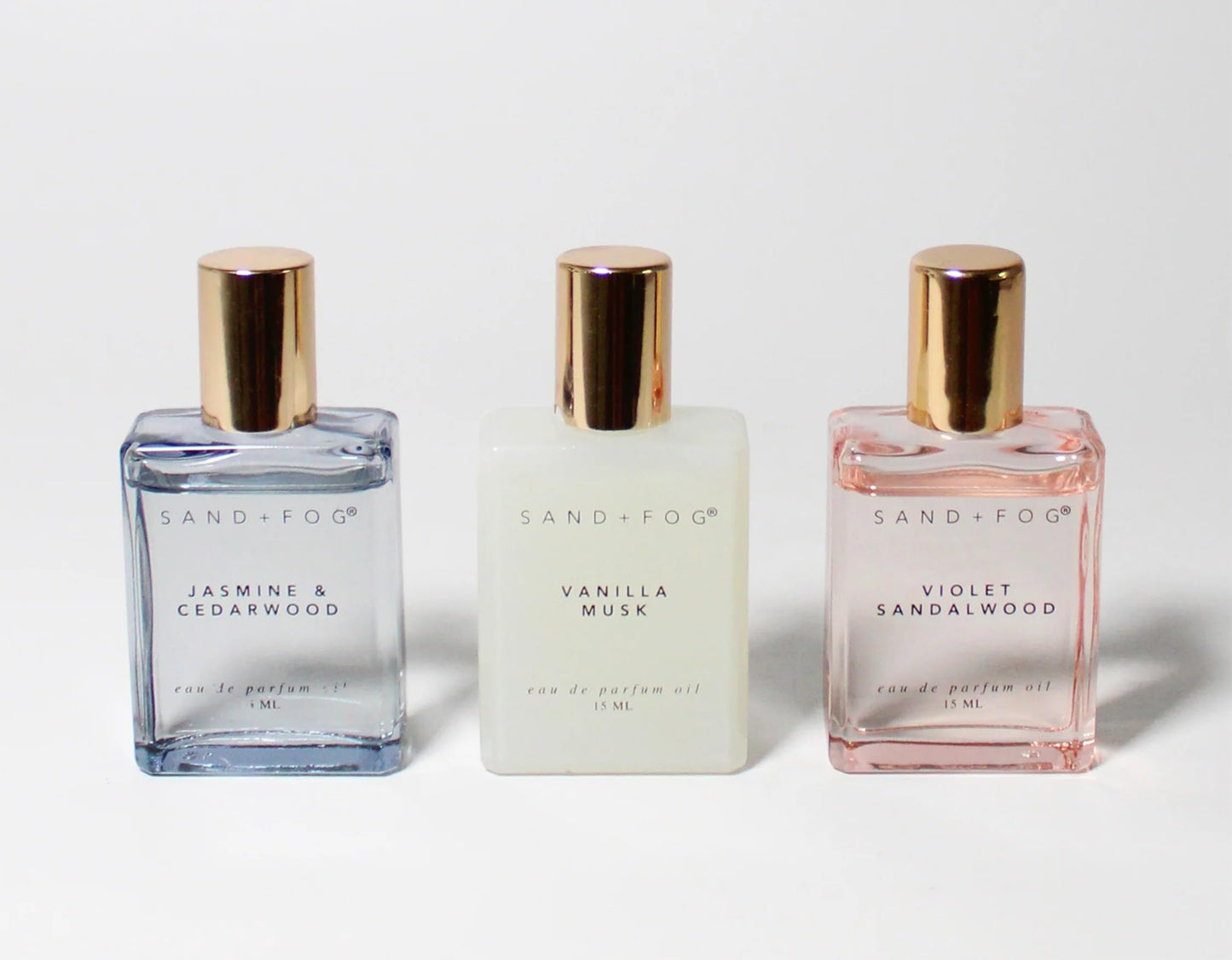 Sand + Fog Perfume Oil Discovery Set — Violet Sandalwood, Vanilla Musk, Jasmine Cedarwood (3 x 0.5 oz)