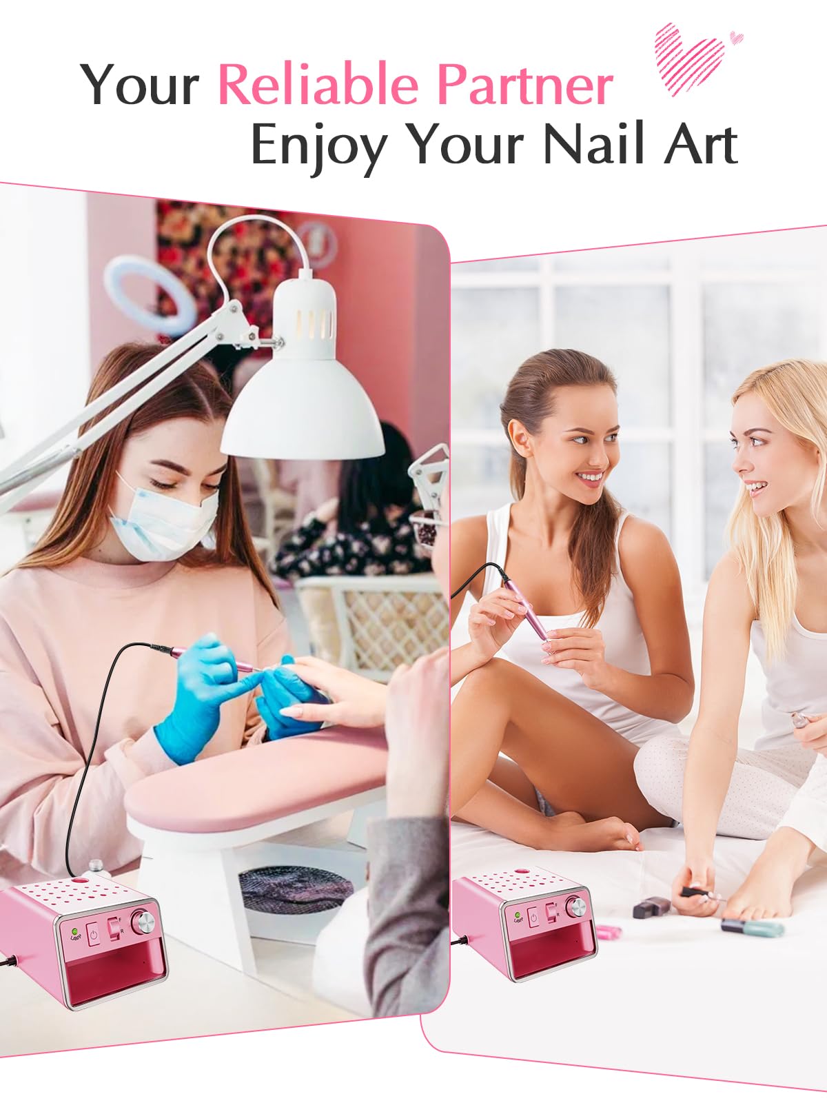 Subay Nail Drill Machine Electric File – Portable Nail Care Kit for Acrylic, Gel, Dip Powder Nails (Purple Pink)