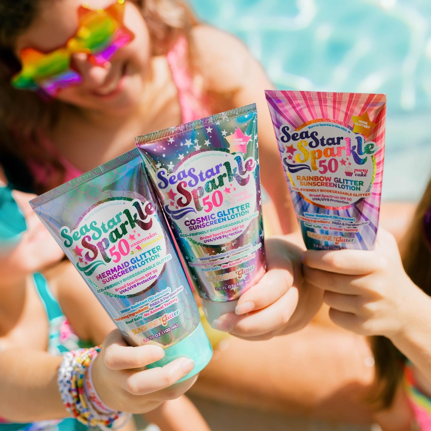 Sunshine & Glitter Seastar Sparkle SPF 50 Glitter Sunscreen – Biodegradable Rainbow Glitter, Made in USA, 3.4oz