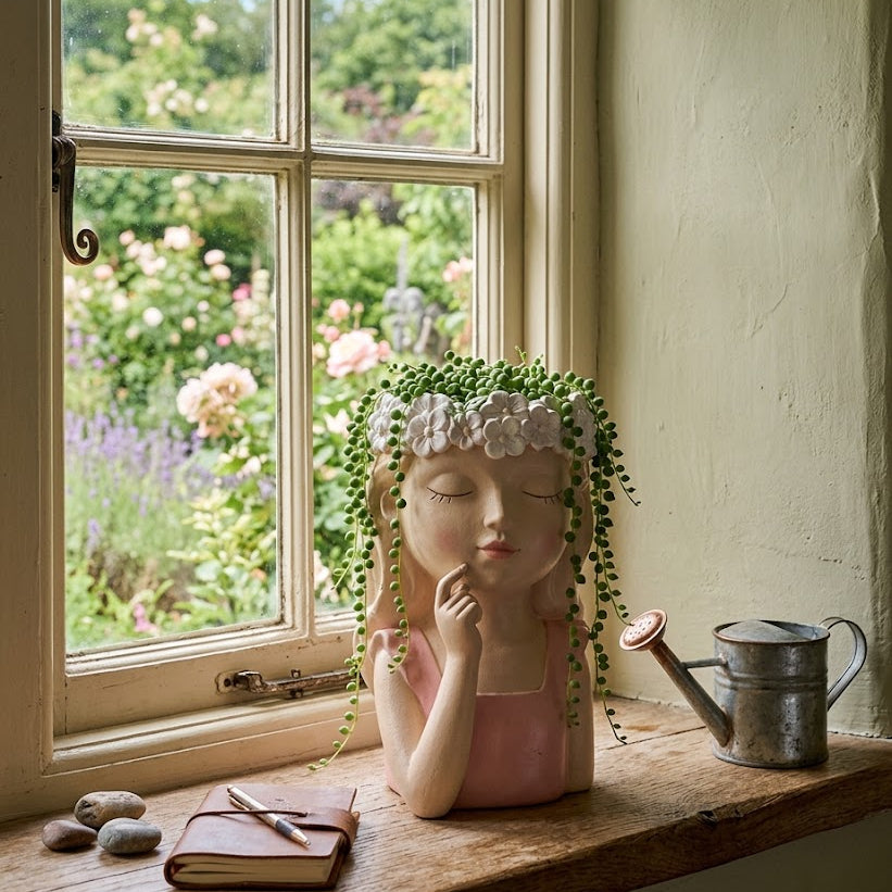 A pink ceramic planter shaped like a sleeping woman with a flower crown and trailing green vines, displayed on a wooden windowsill next to a metal watering can, notebook, and stones, with a garden visible outside the window.