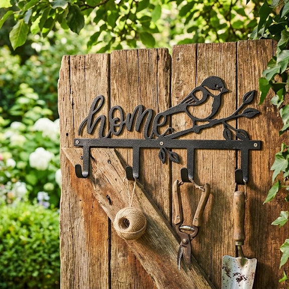 A rustic black metal garden wall sign with the word 'home' and a bird perched on a branch, mounted on a weathered wooden post in a lush garden. A twine ball, small wooden tools, and a trowel hang from the hooks.