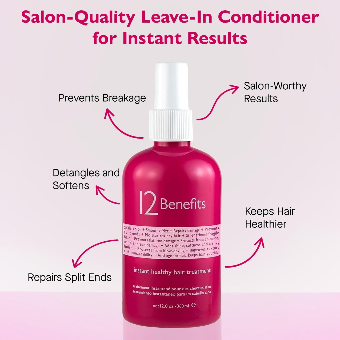 12 Benefits Instant Healthy Hair Treatment – Leave-In Conditioner Spray with Silk Fibre Protein & Quaternium 39 (12 Fl Oz)