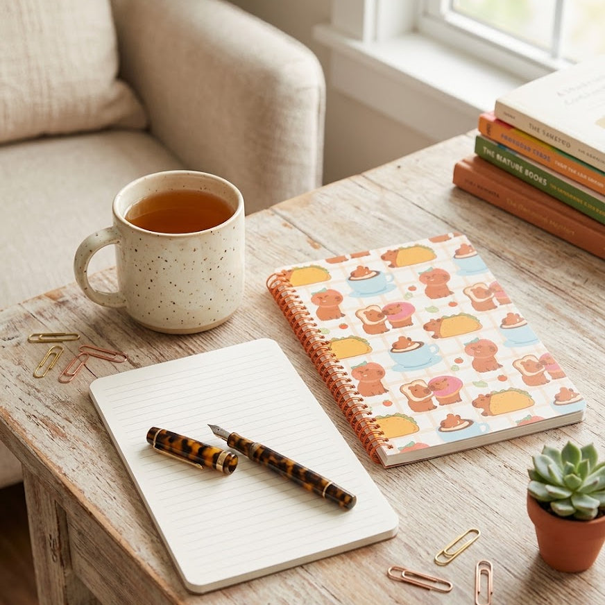 A styled desk scene with a spiral notebook featuring a colorful cupcake pattern, a lined notepad, a leopard-print pen, a speckled mug of tea, and stationery on a rustic wooden table near a window and armchair.