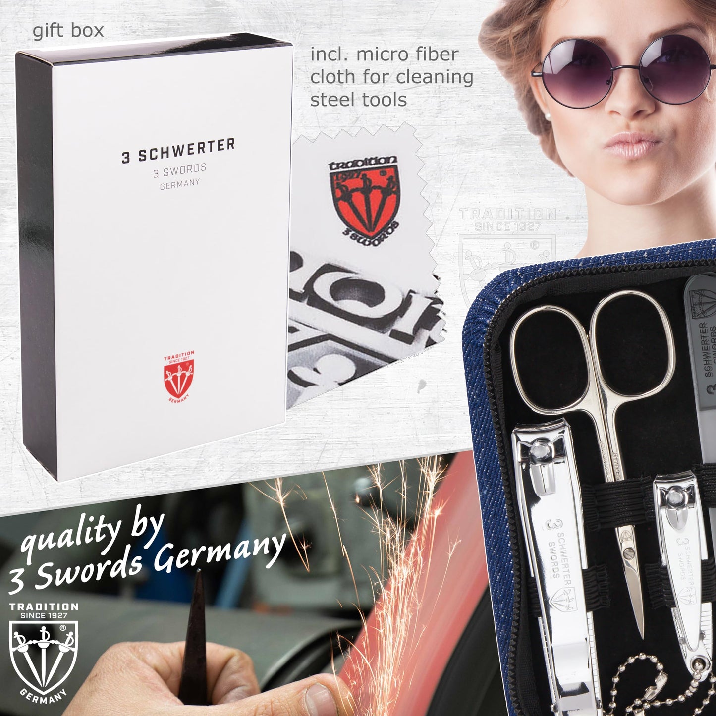 3 Swords Germany - 8-Piece Nail & Grooming Kit in Jeans Blue Textile Case - Made in Germany