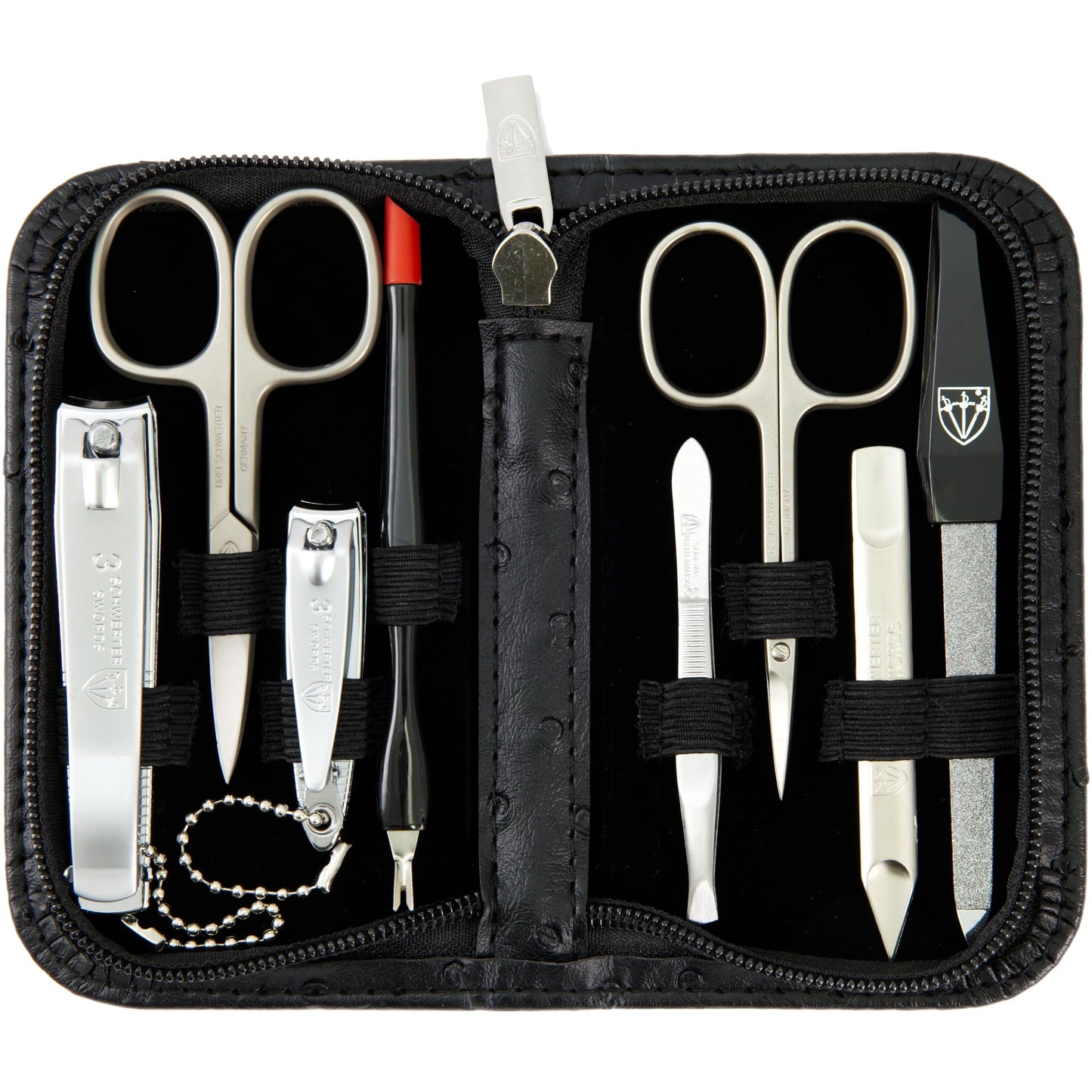 3 Swords Germany – 8-Piece Manicure & Pedicure Kit in Ostrich Black Synthetic Leather Case | Made in Germany