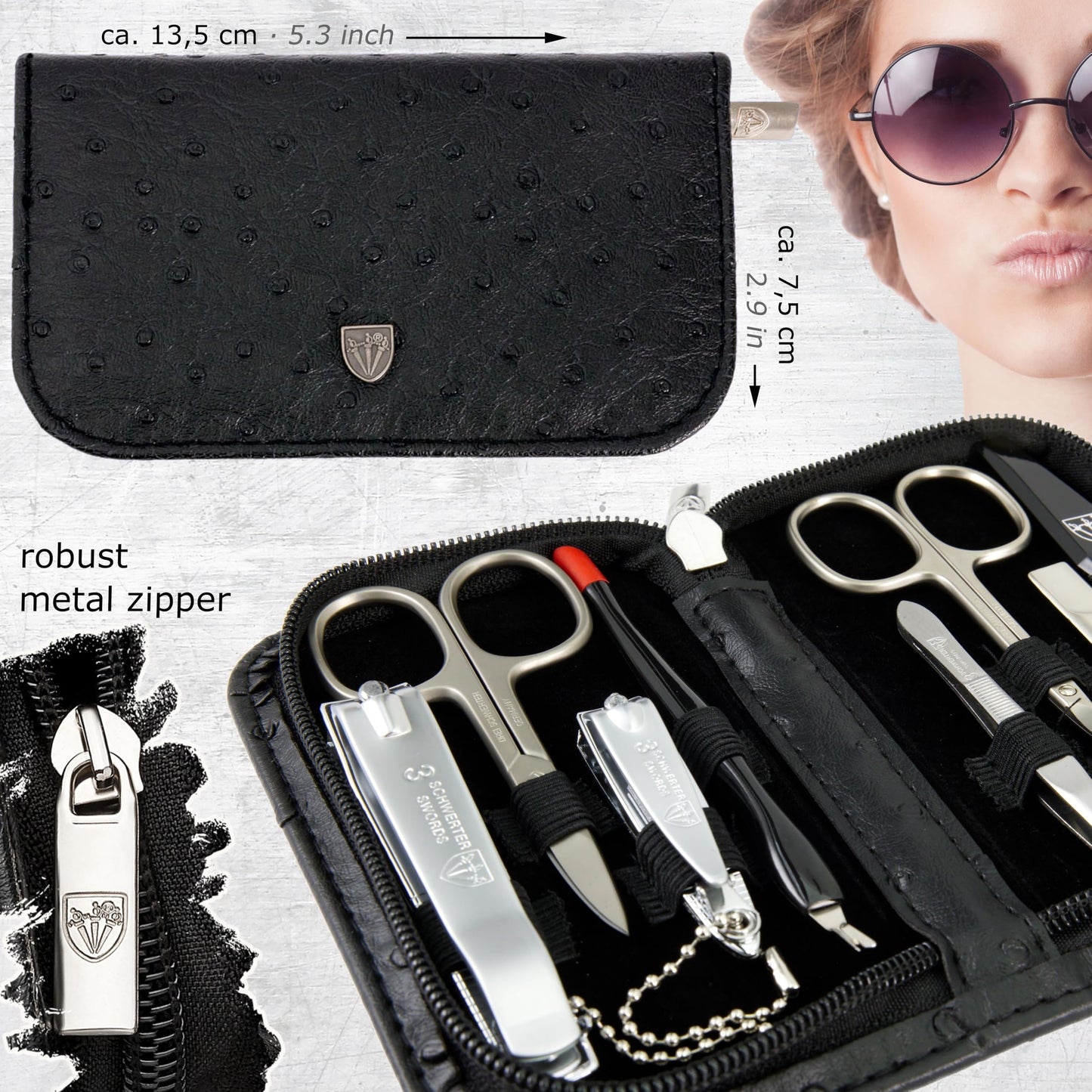3 Swords Germany – 8-Piece Manicure & Pedicure Kit in Ostrich Black Synthetic Leather Case | Made in Germany