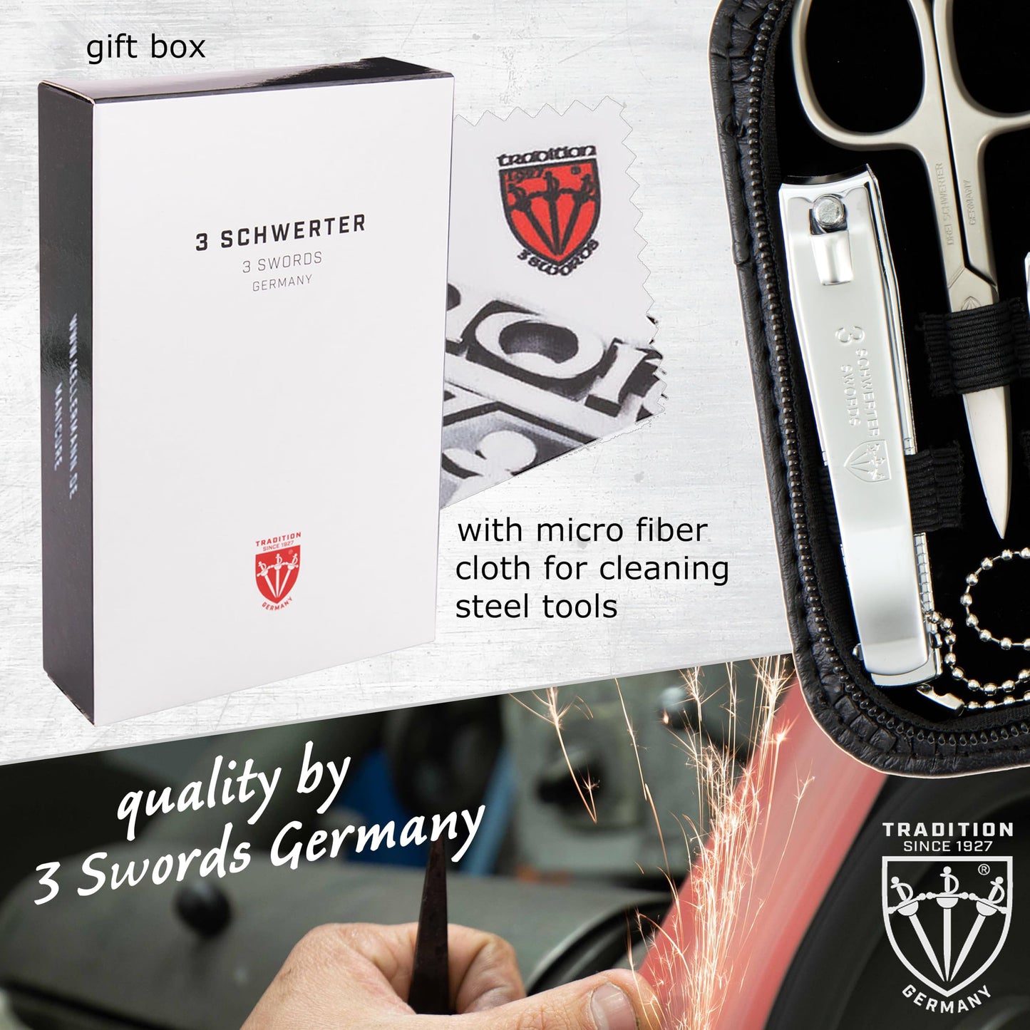 3 Swords Germany – 8-Piece Manicure & Pedicure Kit in Ostrich Black Synthetic Leather Case | Made in Germany