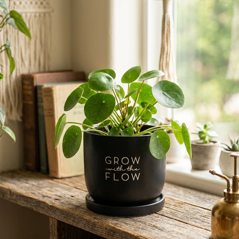 A green round-leaf plant in a matte black ceramic pot with the words 'GROW with the FLOW' printed in white, displayed on a rustic wooden shelf in a cozy indoor setting.