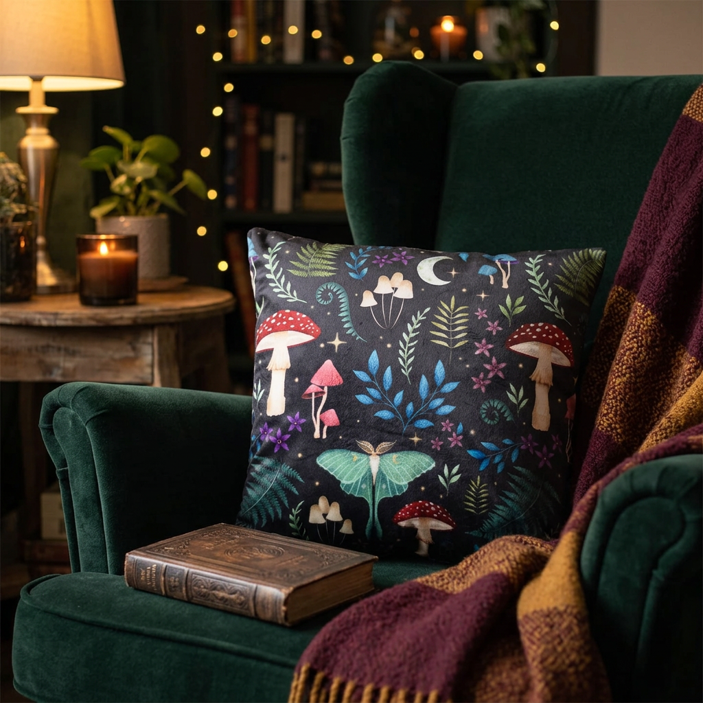 Decorative pillow with forest-themed design featuring mushrooms and plants on a dark background