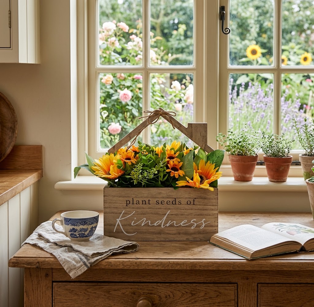 Country Living "Plant Seeds of Kindness" Wooden House Planter With Faux Flowers