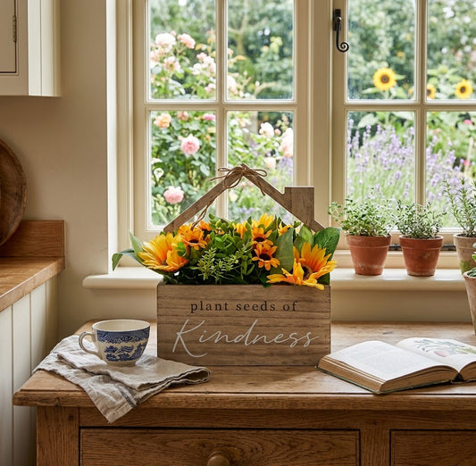 Country Living "Plant Seeds of Kindness" Wooden House Planter With Faux Flowers