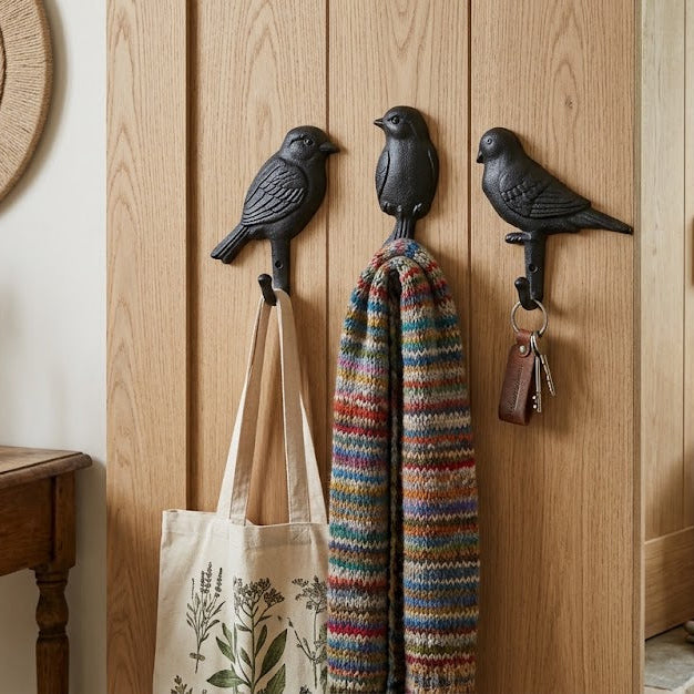 Three black bird-shaped door hooks mounted on a light wood door, holding a striped knit scarf, a tote bag, and keys. The scene is styled as an entryway with a wooden side table, round mirror, boots, and a small hanging sign.