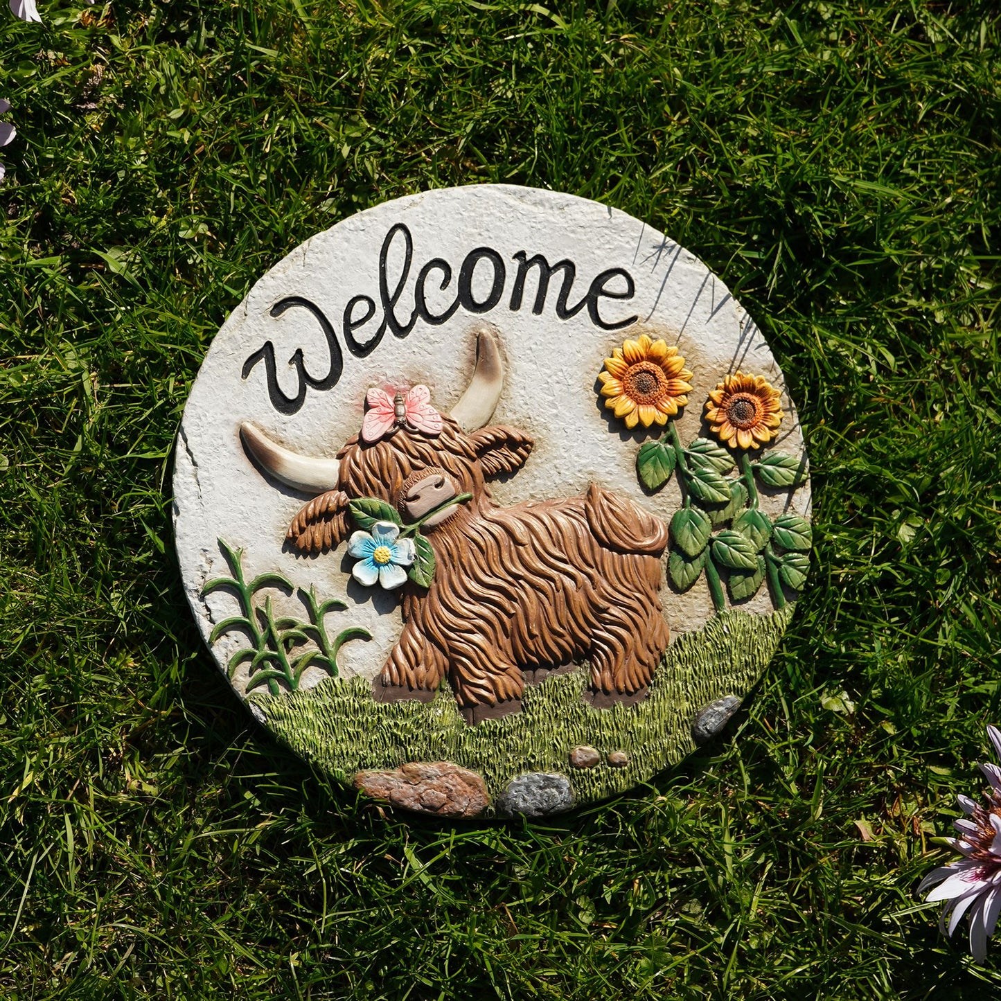 Country Living Cement Stepping Stones Highland Cow "Welcome"