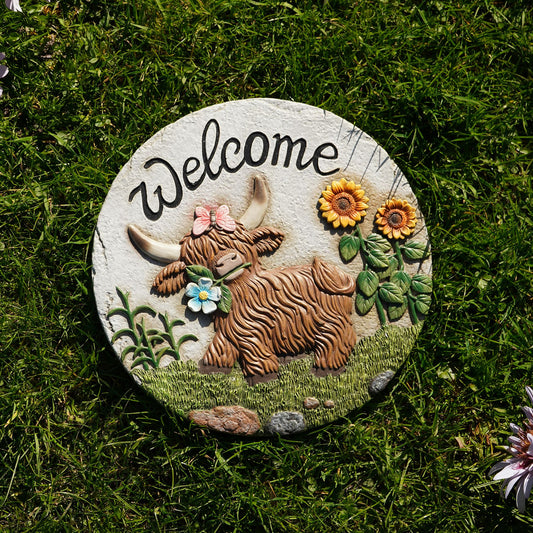 Country Living Cement Stepping Stones Highland Cow "Welcome"