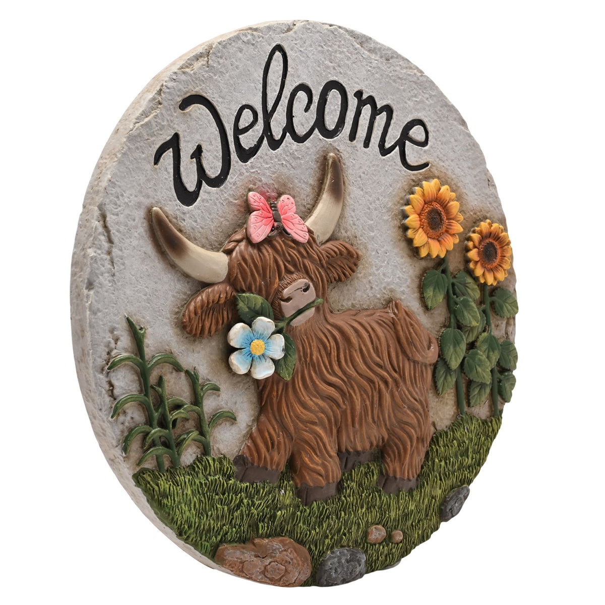 Country Living Cement Stepping Stones Highland Cow "Welcome"
