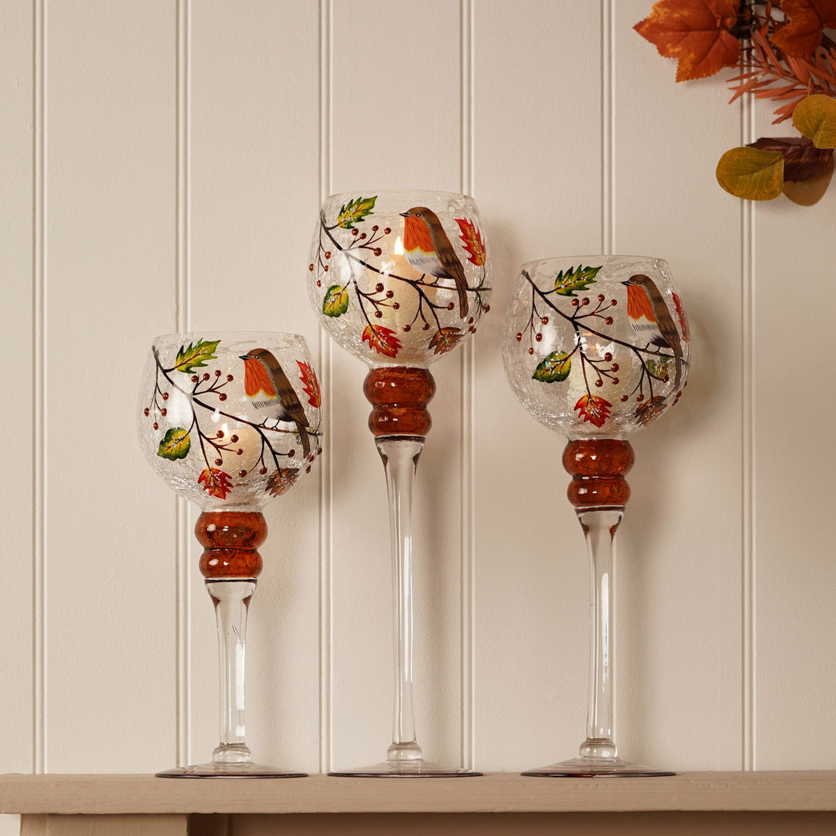 Set of 3 Country Living Autumn Robin Candle Holder 13x30cm, 13x35cm & 13x40cm