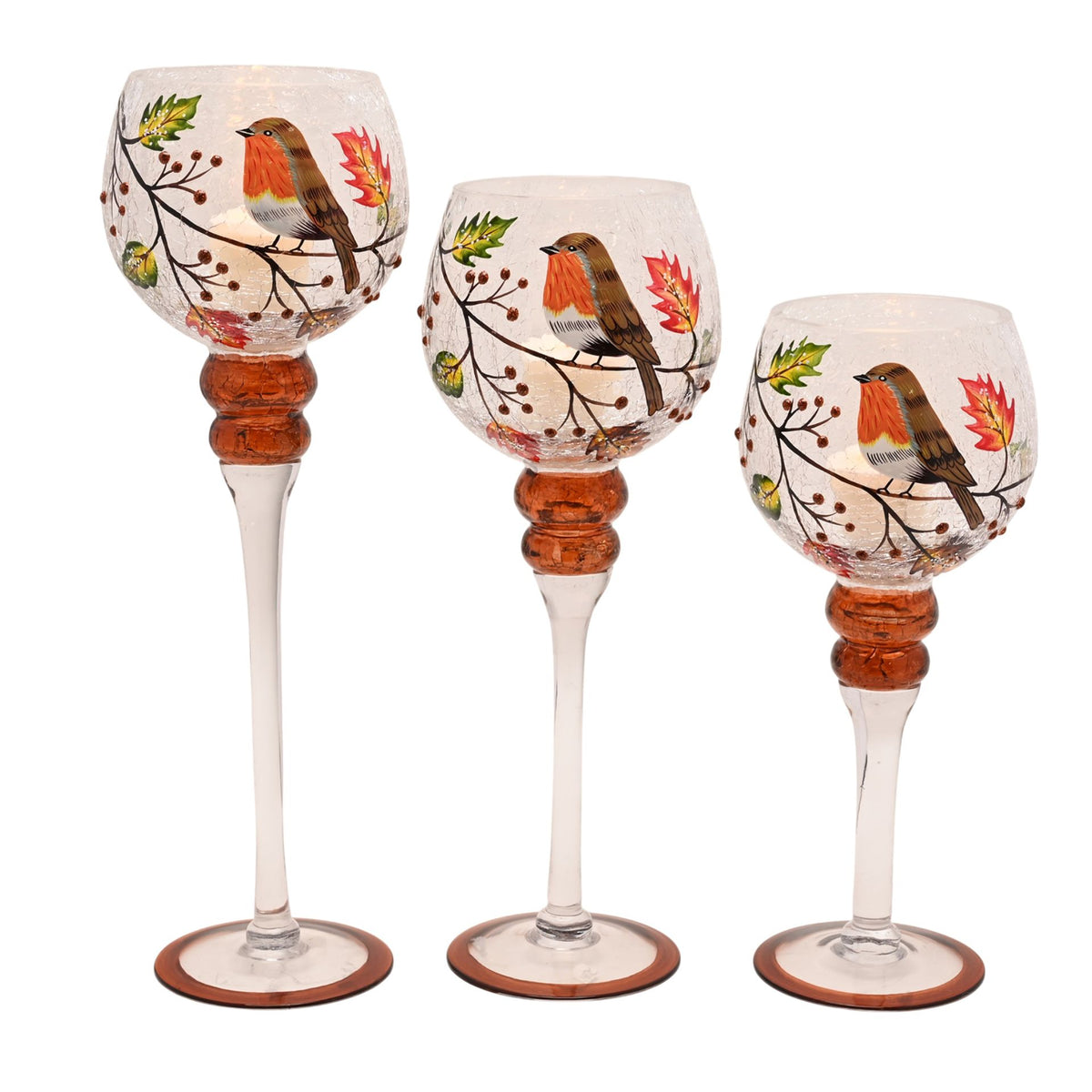 Set of 3 Country Living Autumn Robin Candle Holder 13x30cm, 13x35cm & 13x40cm