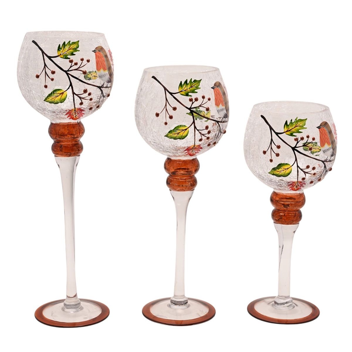 Set of 3 Country Living Autumn Robin Candle Holder 13x30cm, 13x35cm & 13x40cm