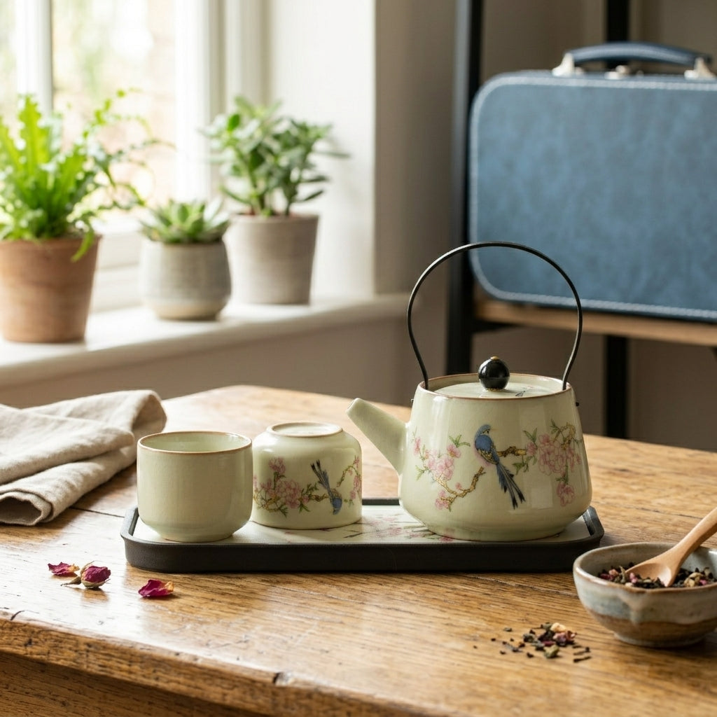 Travel Teapot Set & Two Cups - Blue Bird Qing Dynasty