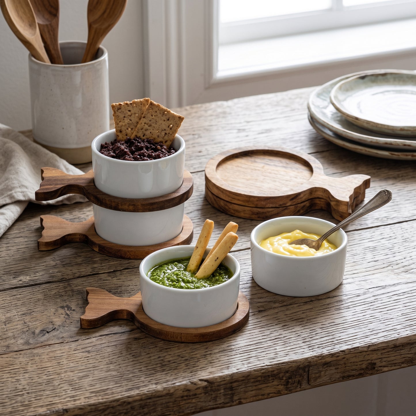 Set Of 4 Acacia Fishtail Serving Trays with Ceramic Bowls