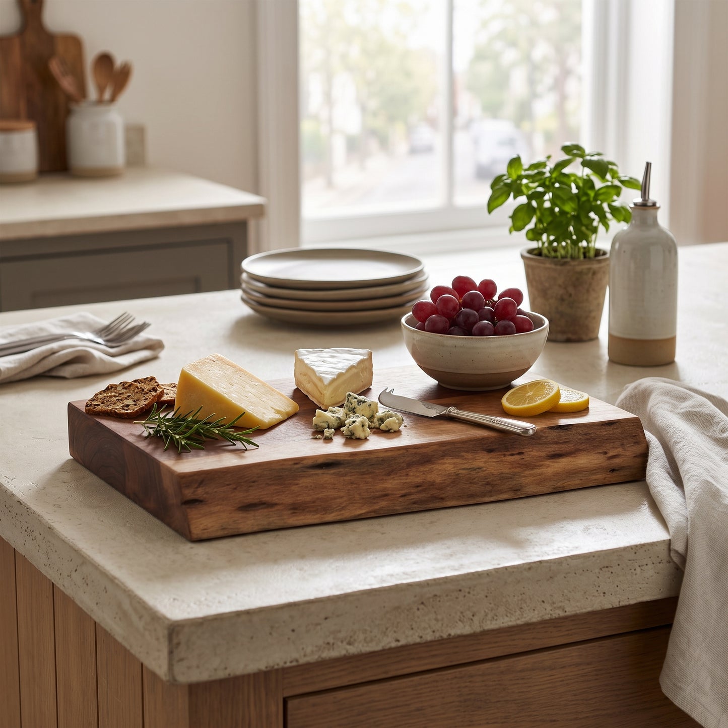 A rustic dark wood charcuterie board styled with cheese, grapes, crackers, and lemon slices on a kitchen island countertop.