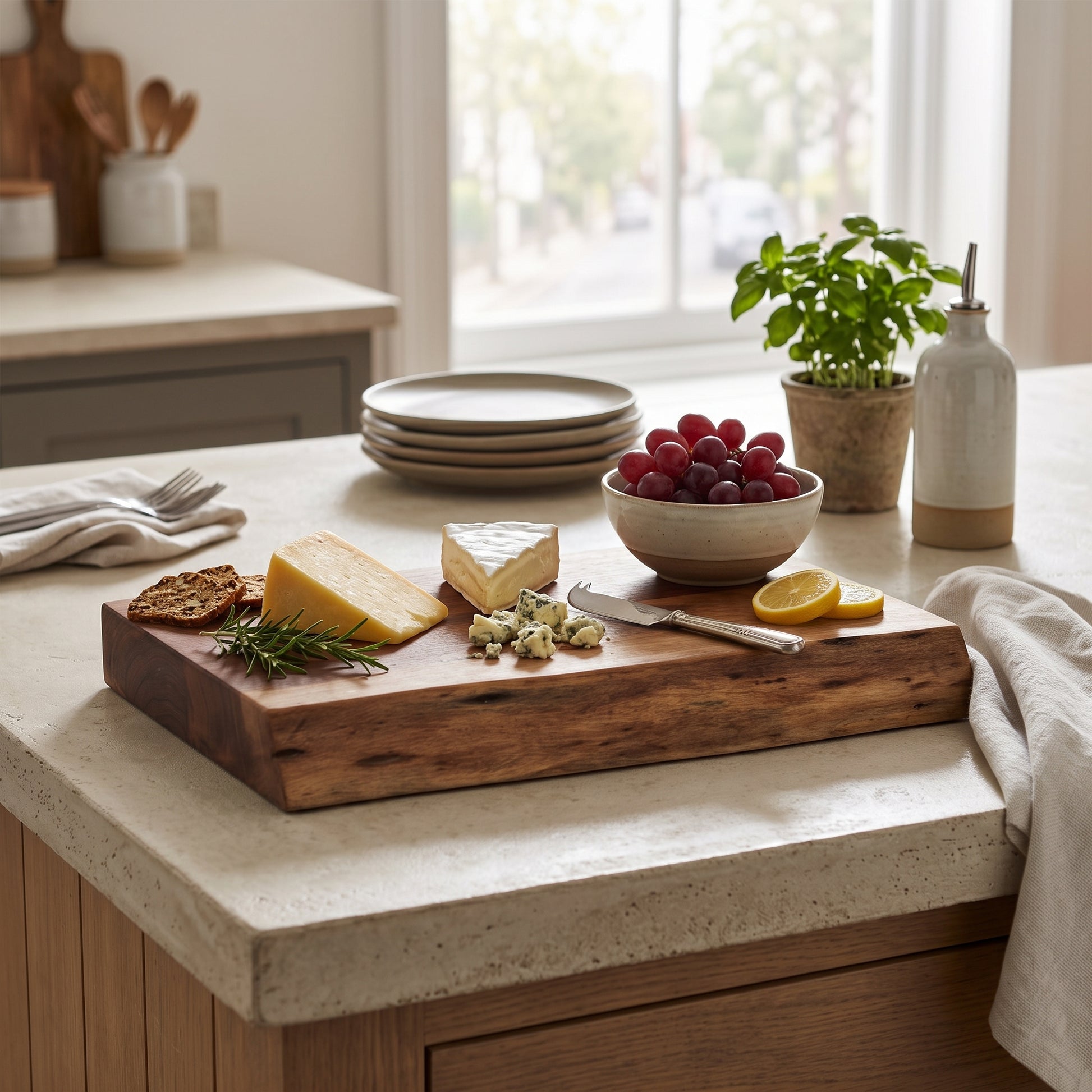 A rustic dark wood charcuterie board styled with cheese, grapes, crackers, and lemon slices on a kitchen island countertop.