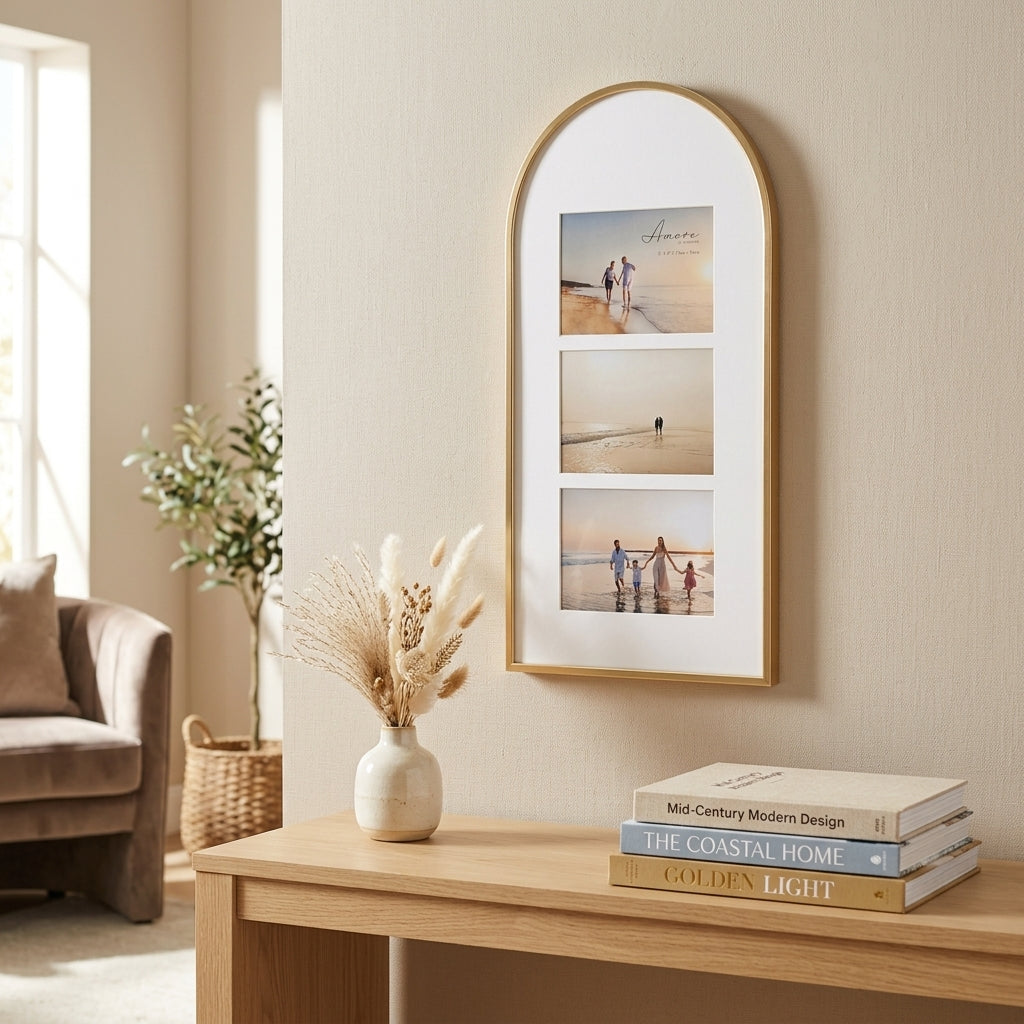 Arched Top Gold Collage Frame Holds 3 Photos - 6" x 4"
