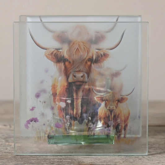 Country Living Highland Cow Glass Tealight Holder