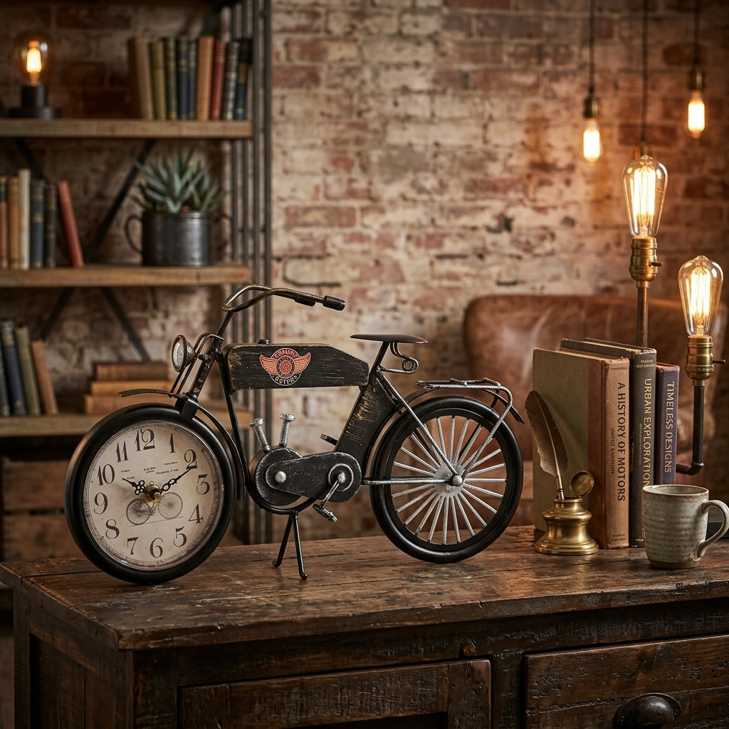 Hometime Metal Mantel Clock - Black Motorcycle