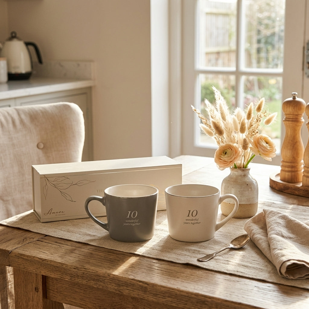 Amore Set of 2 Grey & White Mugs - 10th Anniversary