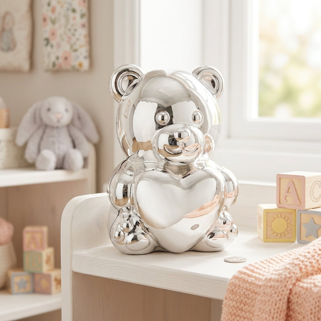 Bambino Silver Plated Money Box - Bear & Heart