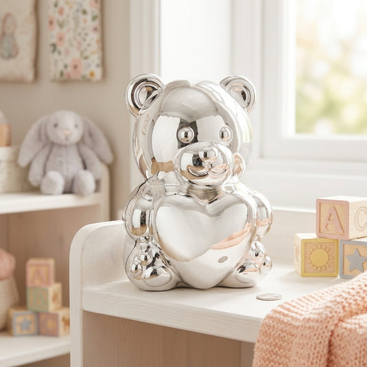 Bambino Silver Plated Money Box - Bear & Heart