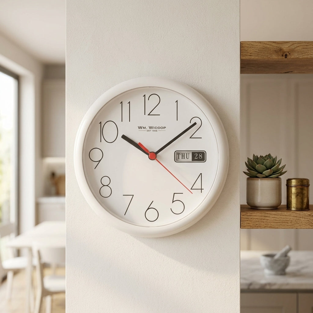 Hometime Day/Date Wall Clk-White Case/White Dial 8.5"Rnd +B